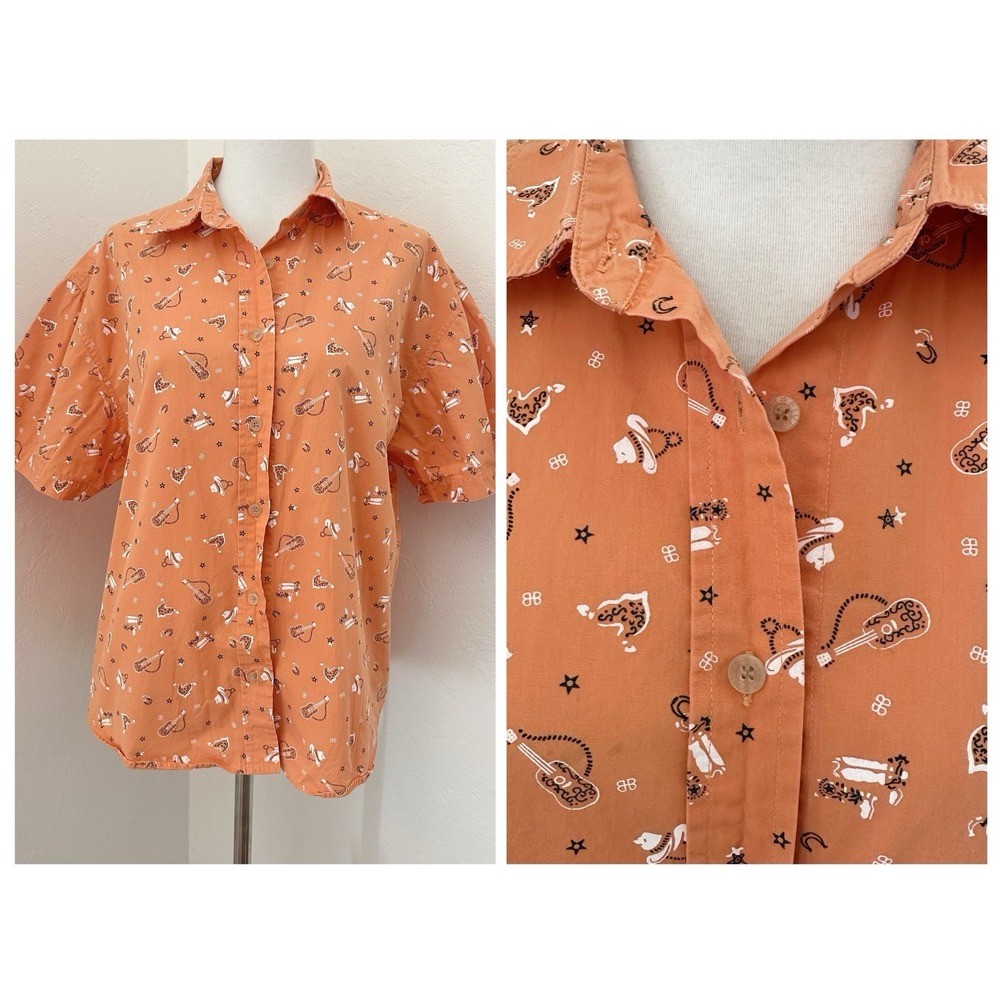 Roper Shirt Womens Large Orange Western Print Rodeo Guitar Boots Short Sleeve